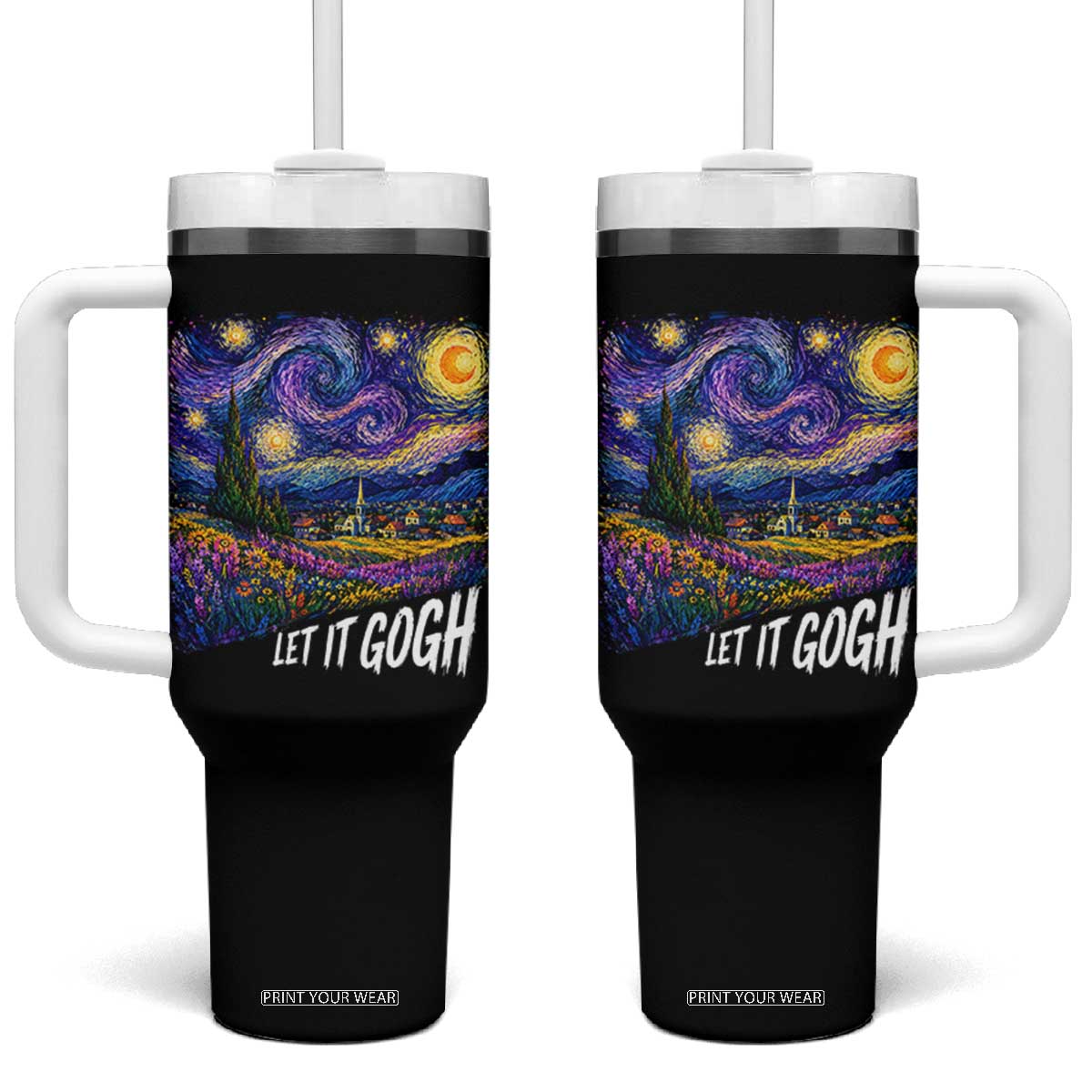 Let it Gogh Funny Vincent Van Gogh Starry Night Tumbler With Handle TS10 One Size: 40 oz Black Print Your Wear