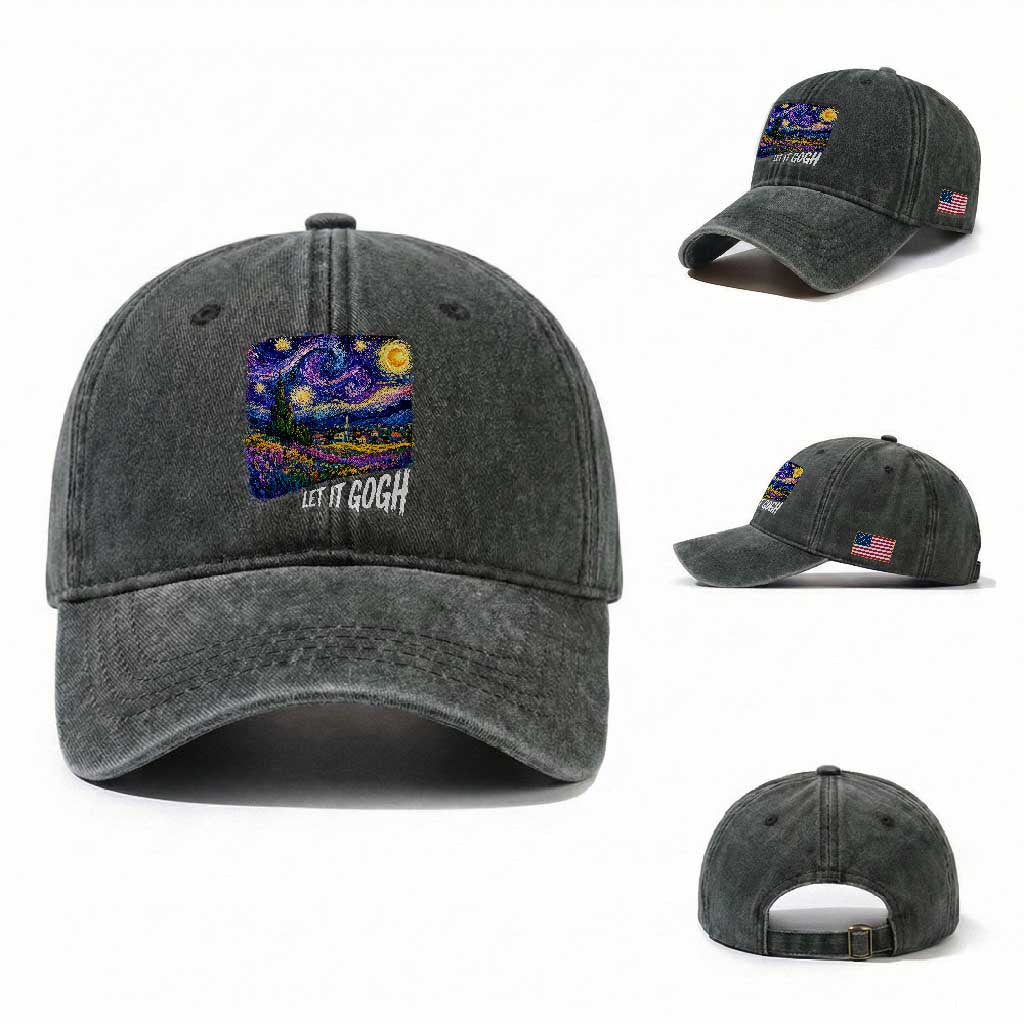 Let it Gogh Funny Vincent Van Gogh Starry Night Washed Cotton Baseball Cap TS10 Washed Cap Universal Fit Dark Green Print Your Wear
