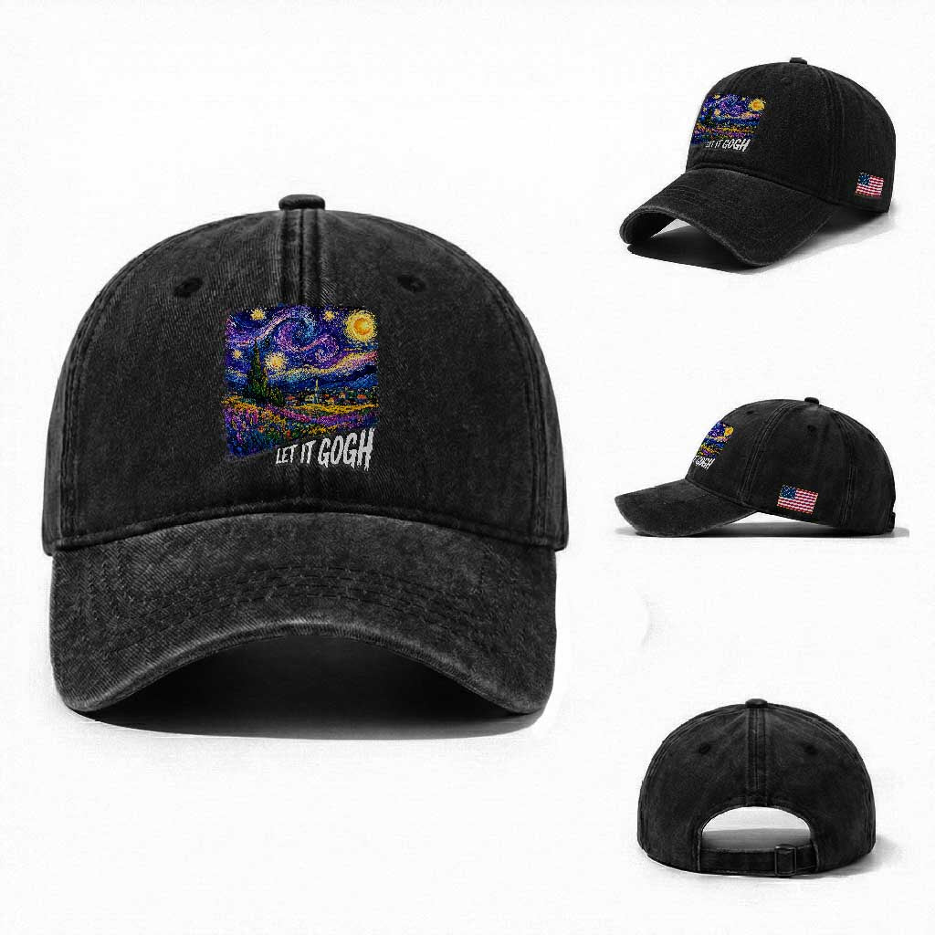 Let it Gogh Funny Vincent Van Gogh Starry Night Washed Cotton Baseball Cap TS10 Washed Cap Universal Fit Black Print Your Wear