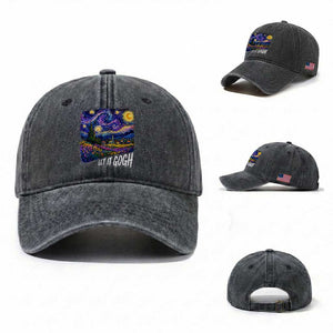 Let it Gogh Funny Vincent Van Gogh Starry Night Washed Cotton Baseball Cap TS10 Washed Cap Universal Fit Dark Gray Print Your Wear