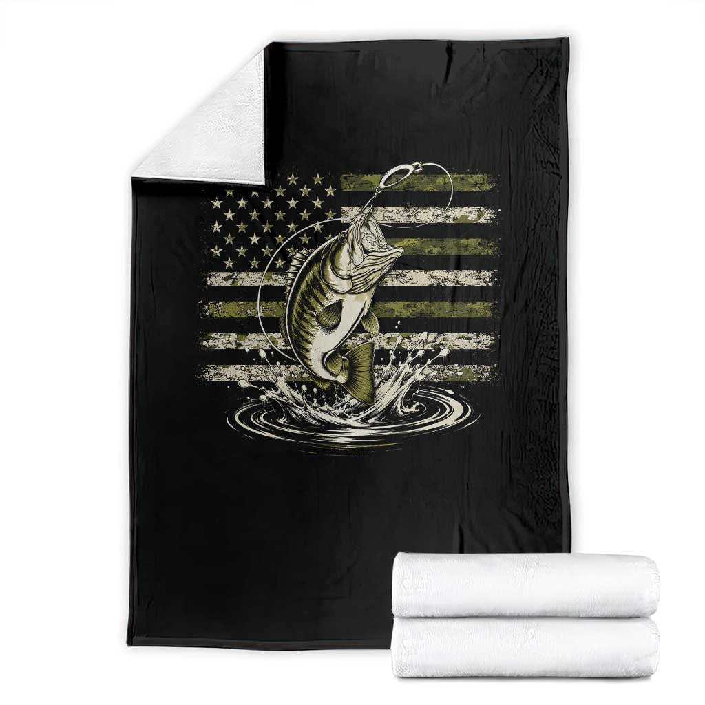 Vintage Bass Fishing Camouflage Throw Blanket Patriotic Largemouth Bass Angler Fishing Lovers Fisherman Camo US Flag TS10 Black Print Your Wear