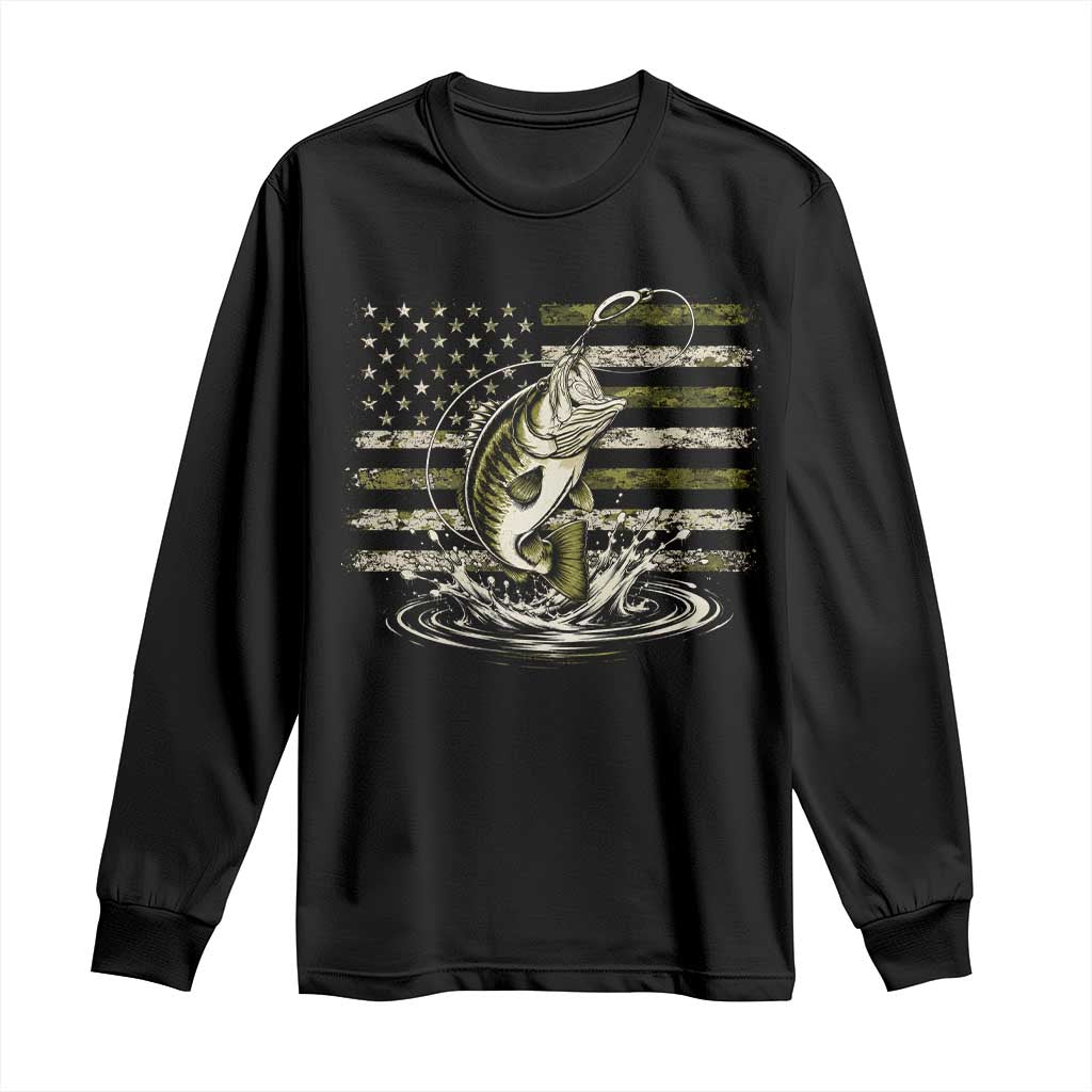 Vintage Bass Fishing Camouflage Long Sleeve Shirt Patriotic Largemouth Bass Angler Fishing Lovers Fisherman Camo US Flag TS10 Black Print Your Wear