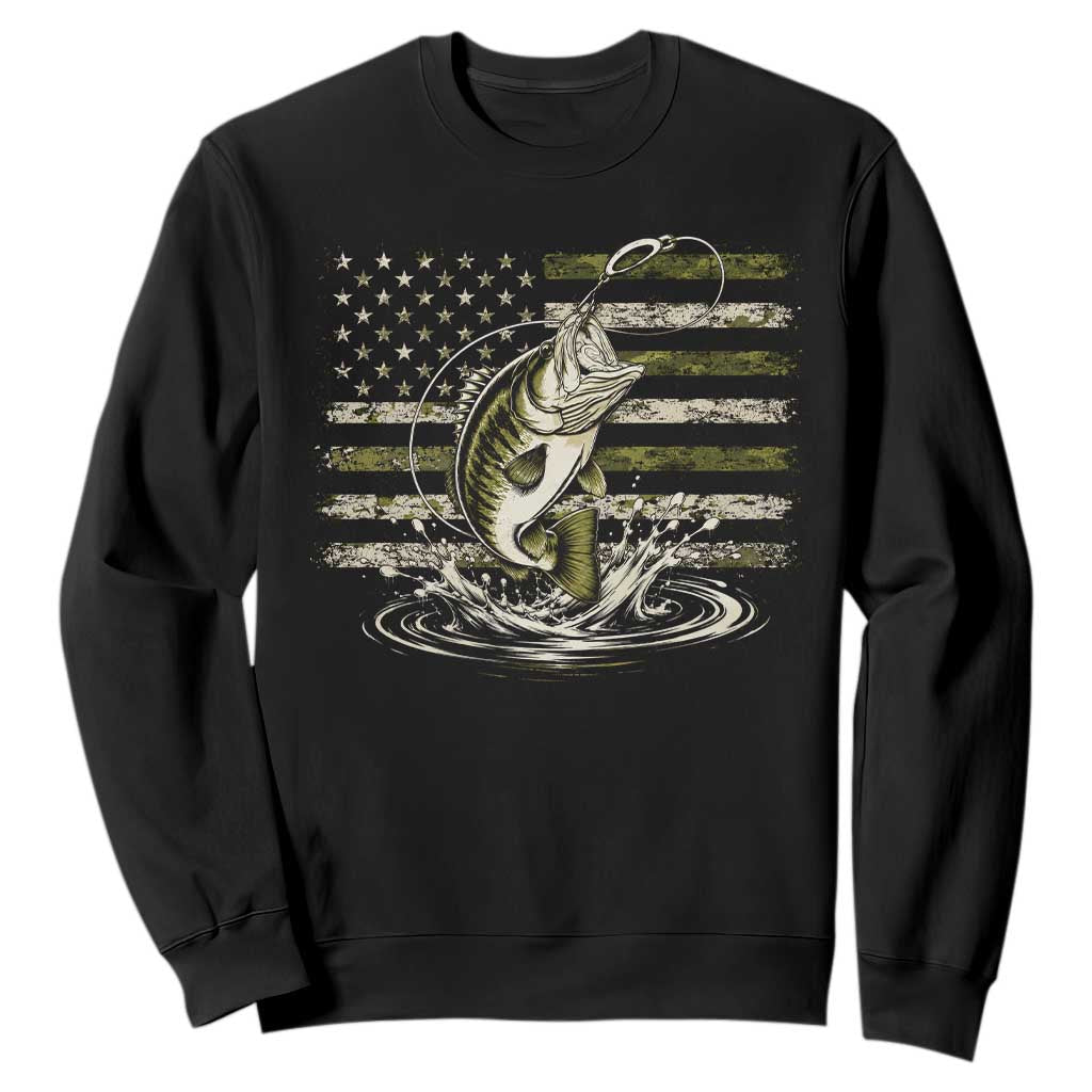 Vintage Bass Fishing Camouflage Sweatshirt Patriotic Largemouth Bass Angler Fishing Lovers Fisherman Camo US Flag TS10 Black Print Your Wear