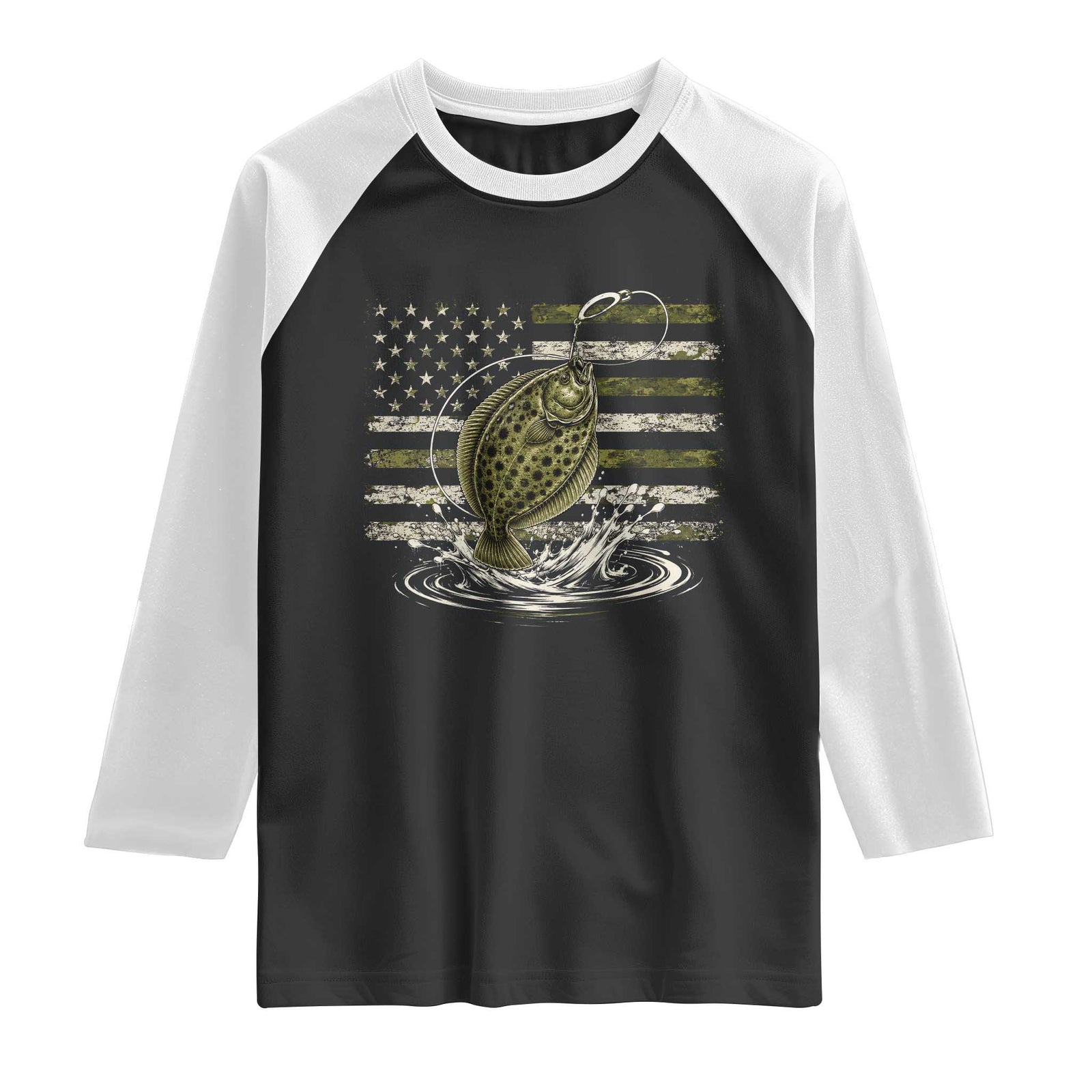 Flounder Fishing Camouflage American Flag Raglan Shirt Patriotic Flatfish Angler Gift Saltwater Fishing Lovers TS10 Black White Print Your Wear