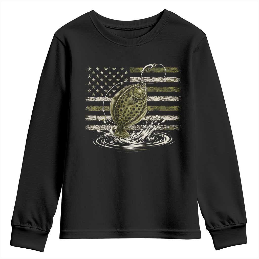 Flounder Fishing Camouflage American Flag Youth Sweatshirt Patriotic Flatfish Angler Gift Saltwater Fishing Lovers TS10 Black Print Your Wear