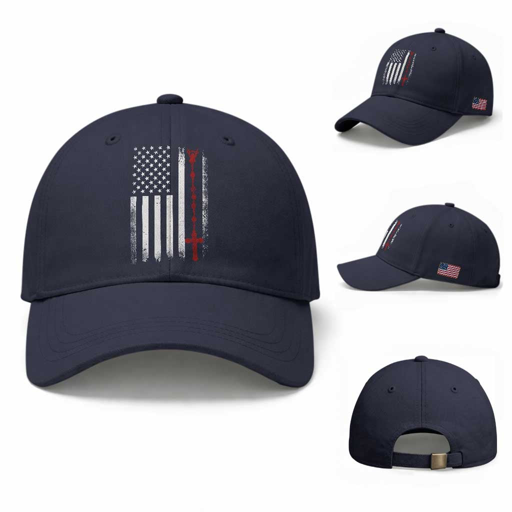 American Flag Rosary Catholic Cross Baseball Cap TS10 Baseball Cap Universal Fit Navy Print Your Wear