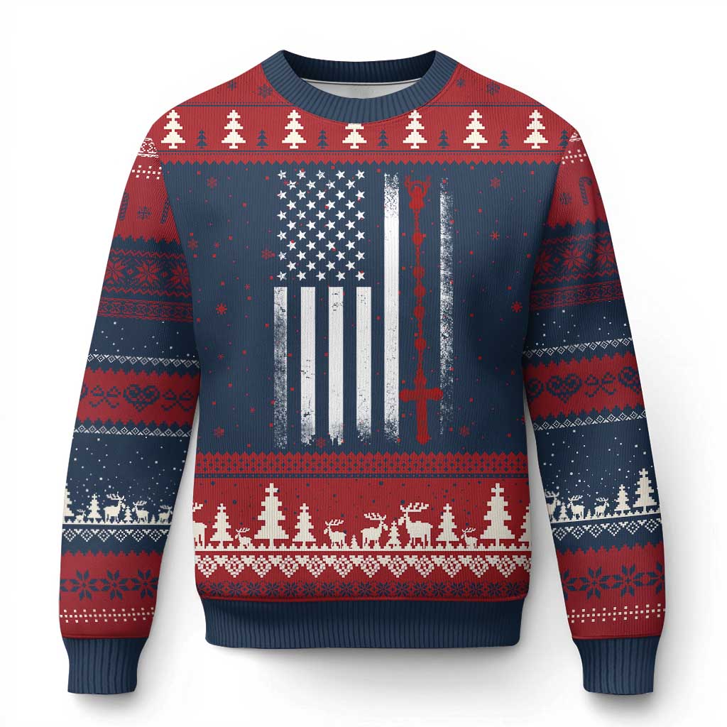 American Flag Rosary Catholic Cross Ugly Christmas Sweater TS10 Navy Red Print Your Wear
