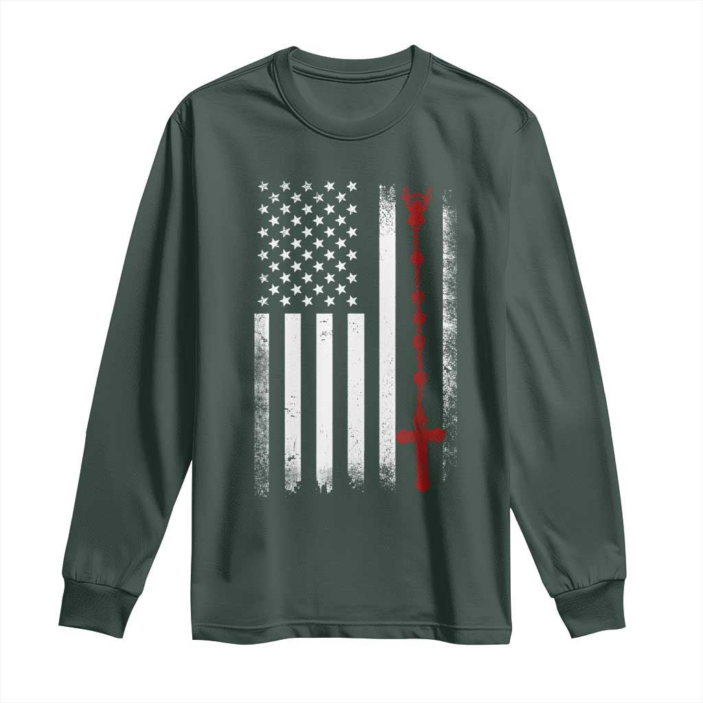 American Flag Rosary Catholic Cross Long Sleeve Shirt TS10 Dark Forest Green Print Your Wear