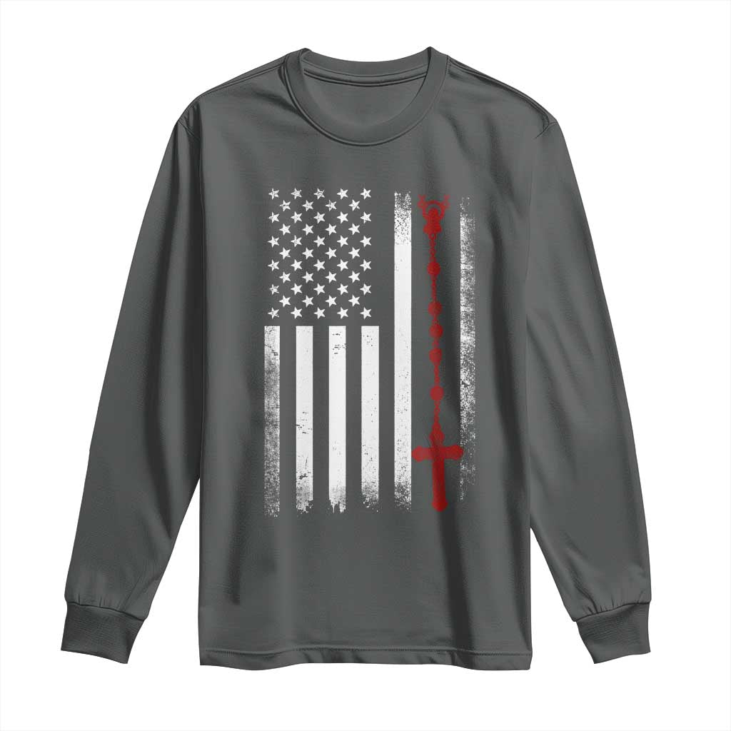 American Flag Rosary Catholic Cross Long Sleeve Shirt TS10 Dark Heather Print Your Wear