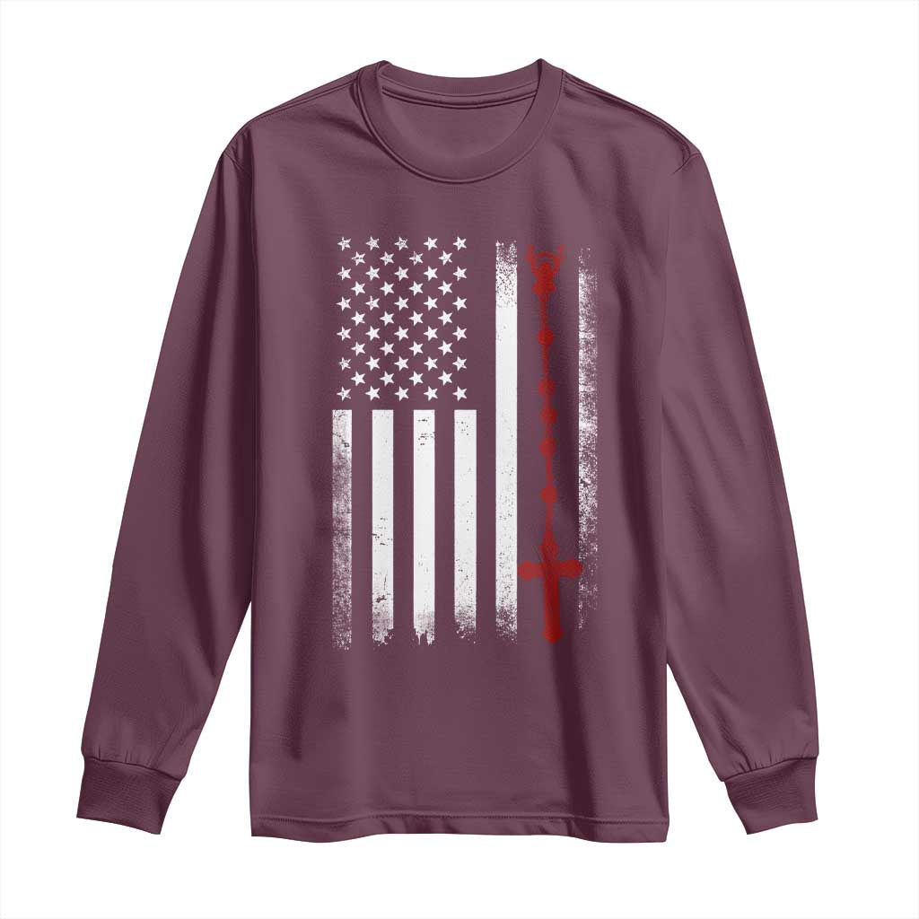 American Flag Rosary Catholic Cross Long Sleeve Shirt TS10 Maroon Print Your Wear