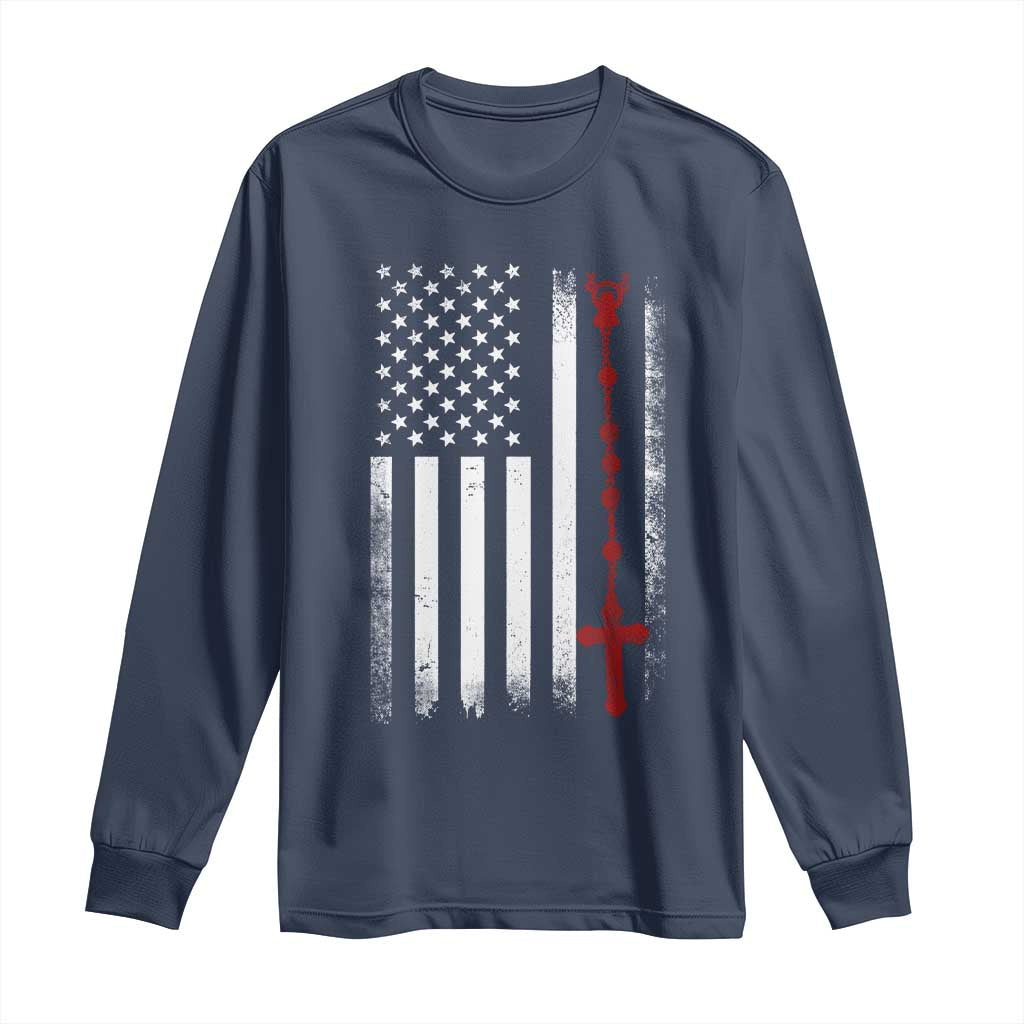 American Flag Rosary Catholic Cross Long Sleeve Shirt TS10 Navy Print Your Wear