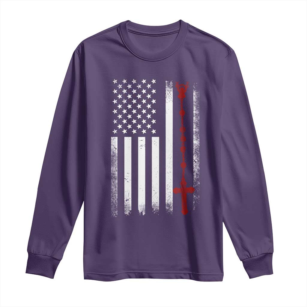 American Flag Rosary Catholic Cross Long Sleeve Shirt TS10 Purple Print Your Wear