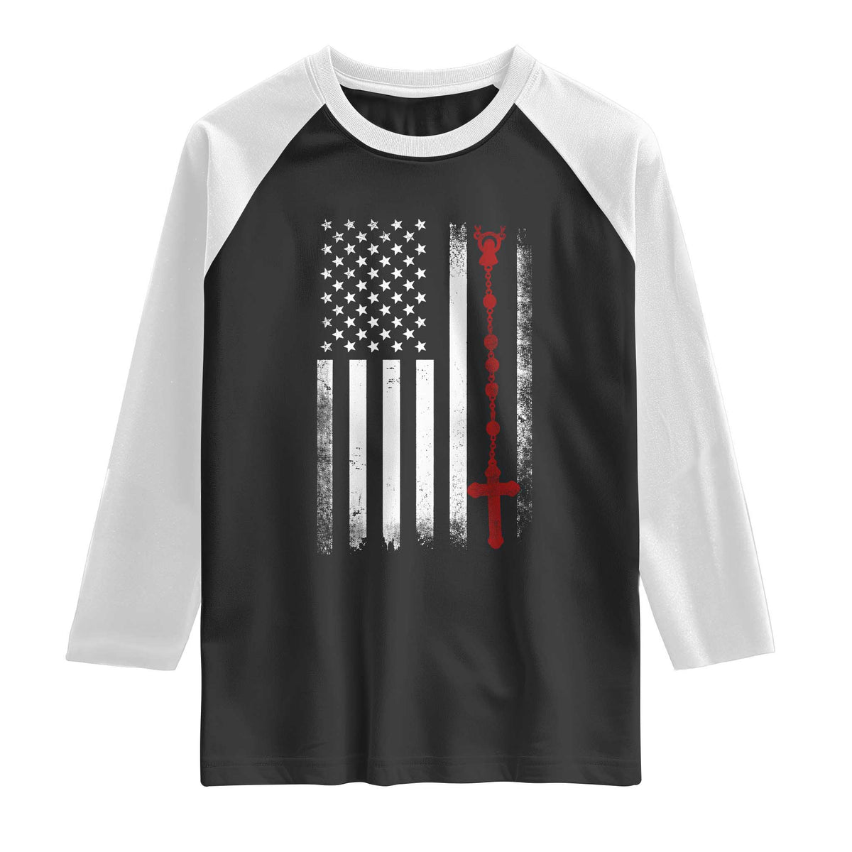 American Flag Rosary Catholic Cross Raglan Shirt TS10 Black White Print Your Wear