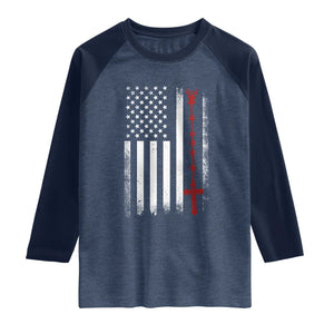 American Flag Rosary Catholic Cross Raglan Shirt TS10 Heather Denim Navy Print Your Wear