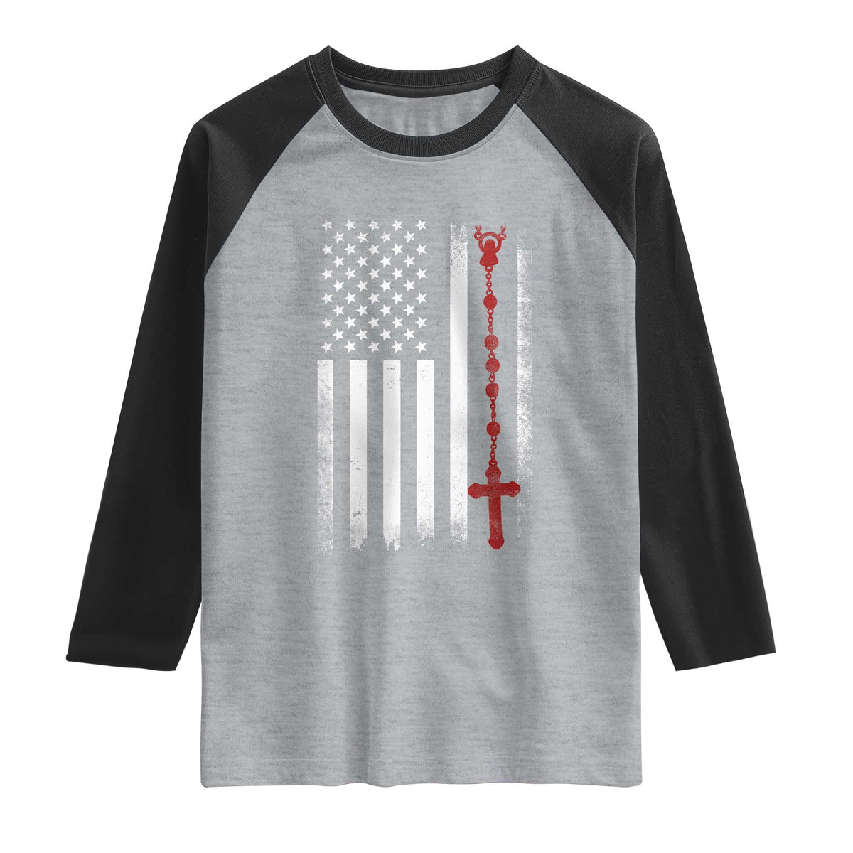 American Flag Rosary Catholic Cross Raglan Shirt TS10 Heather Gray Black Print Your Wear