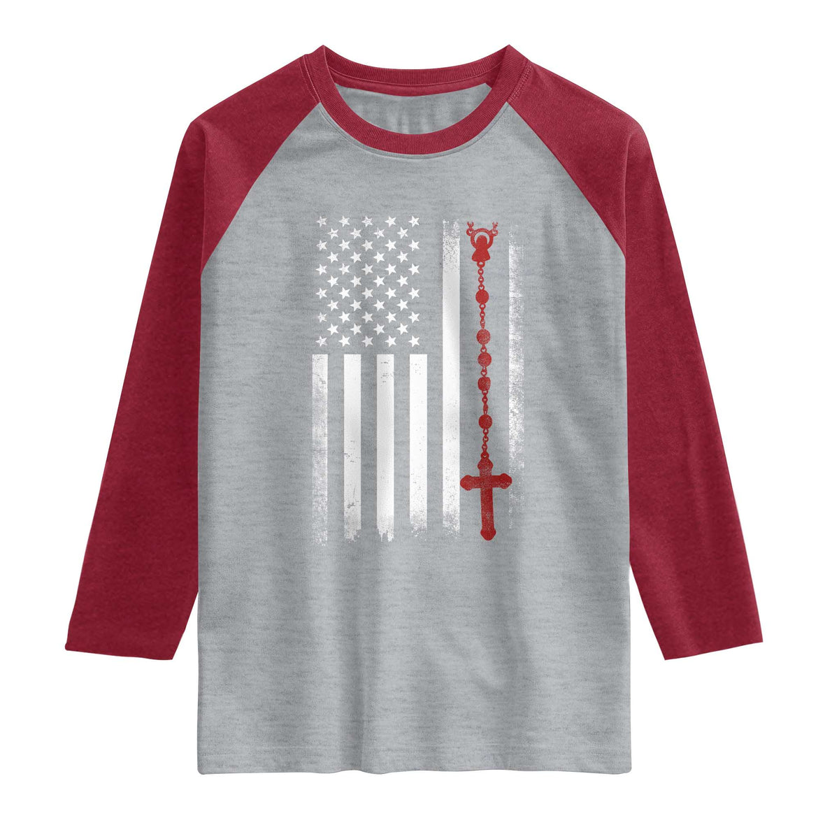 American Flag Rosary Catholic Cross Raglan Shirt TS10 Heather Gray Heather Red Print Your Wear