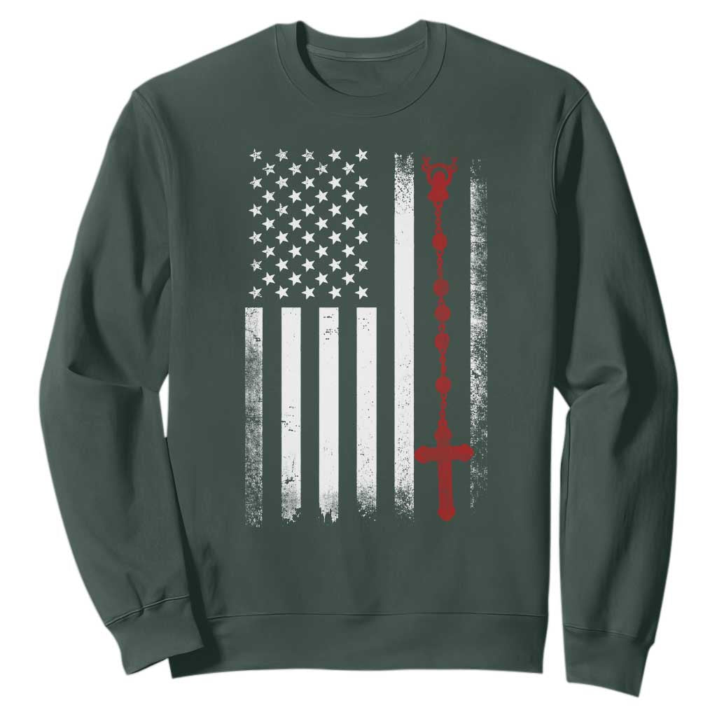 American Flag Rosary Catholic Cross Sweatshirt TS10 Dark Forest Green Print Your Wear