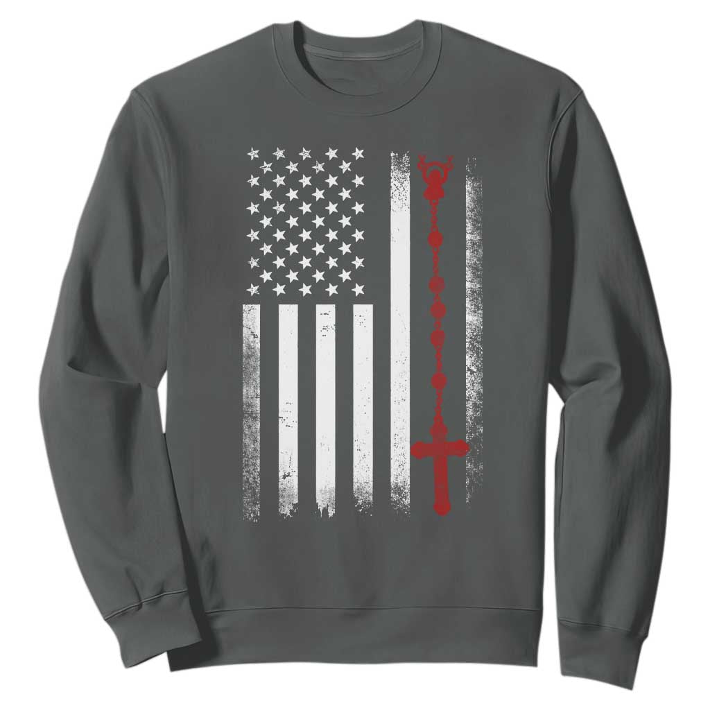 American Flag Rosary Catholic Cross Sweatshirt TS10 Dark Heather Print Your Wear