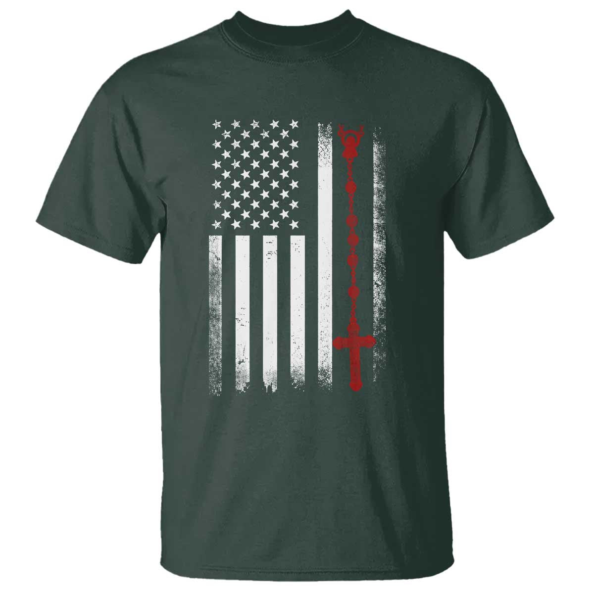 American Flag Rosary Catholic Cross T Shirt TS10 Dark Forest Green Print Your Wear