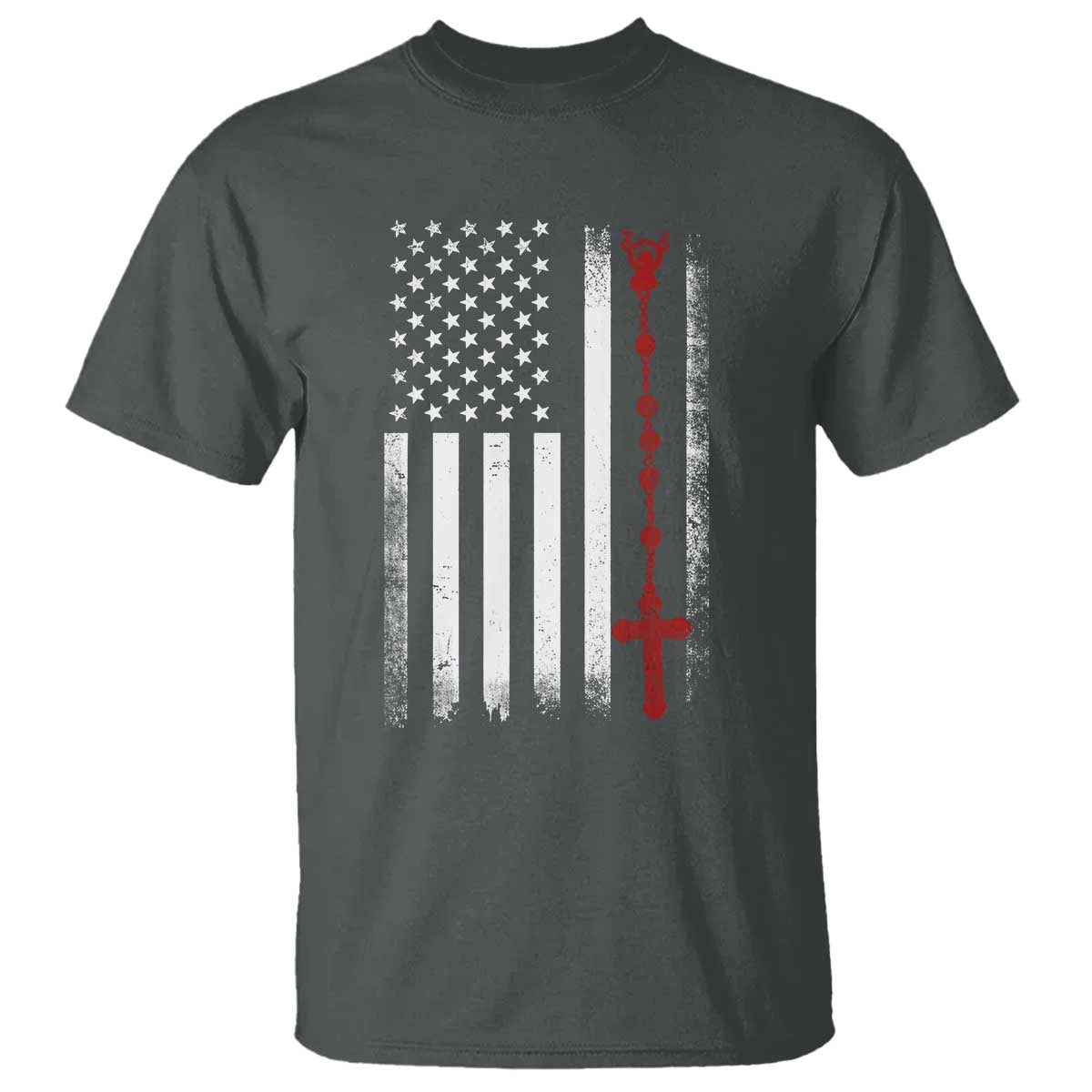 American Flag Rosary Catholic Cross T Shirt TS10 Dark Heather Print Your Wear