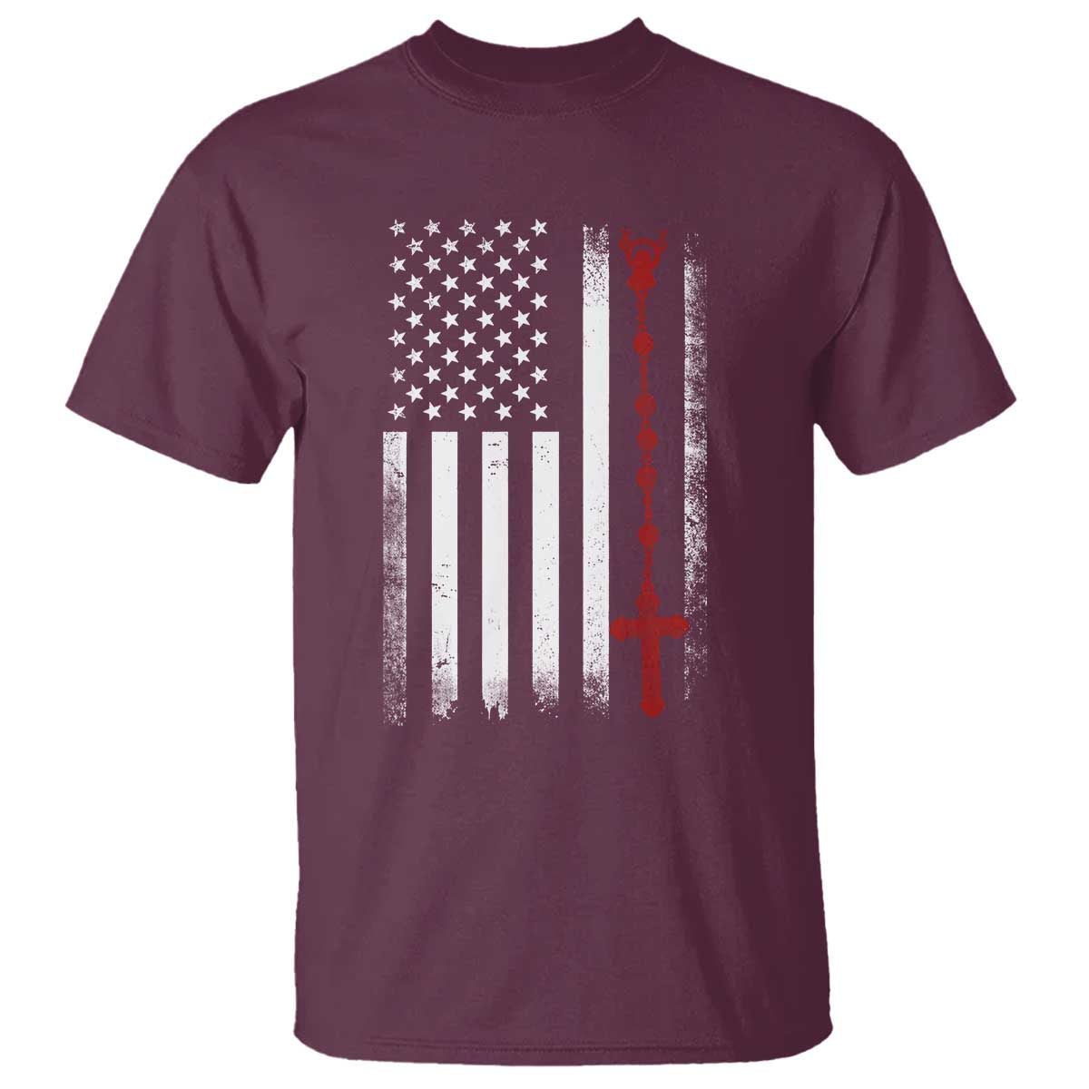 American Flag Rosary Catholic Cross T Shirt TS10 Maroon Print Your Wear