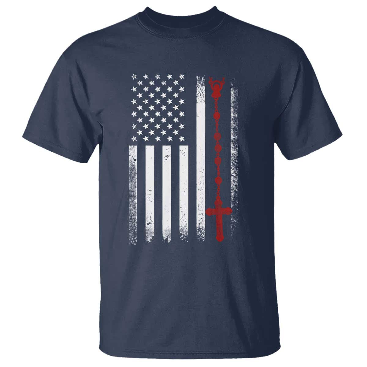 American Flag Rosary Catholic Cross T Shirt TS10 Navy Print Your Wear