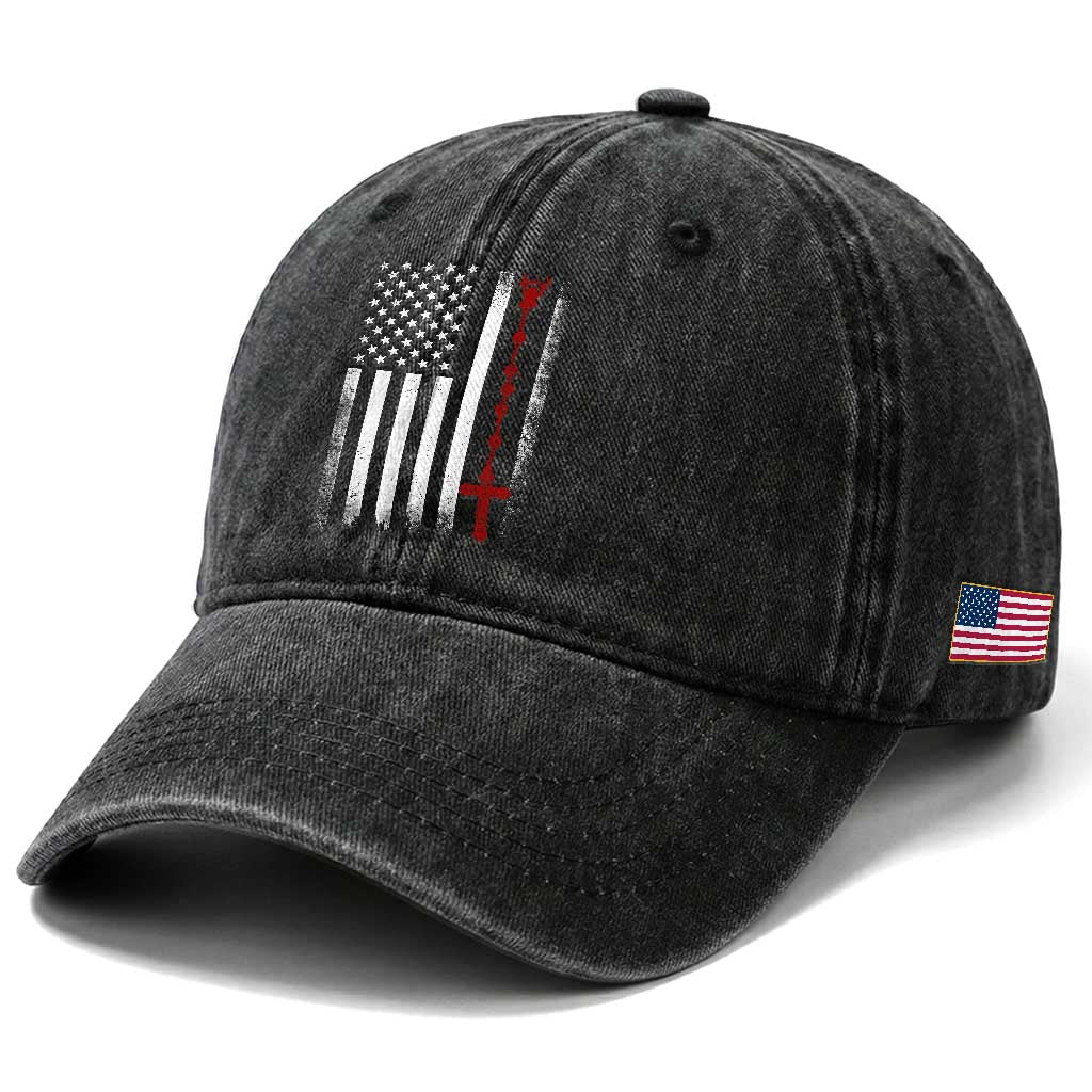 American Flag Rosary Catholic Cross Washed Cotton Baseball Cap TS10 Print Your Wear