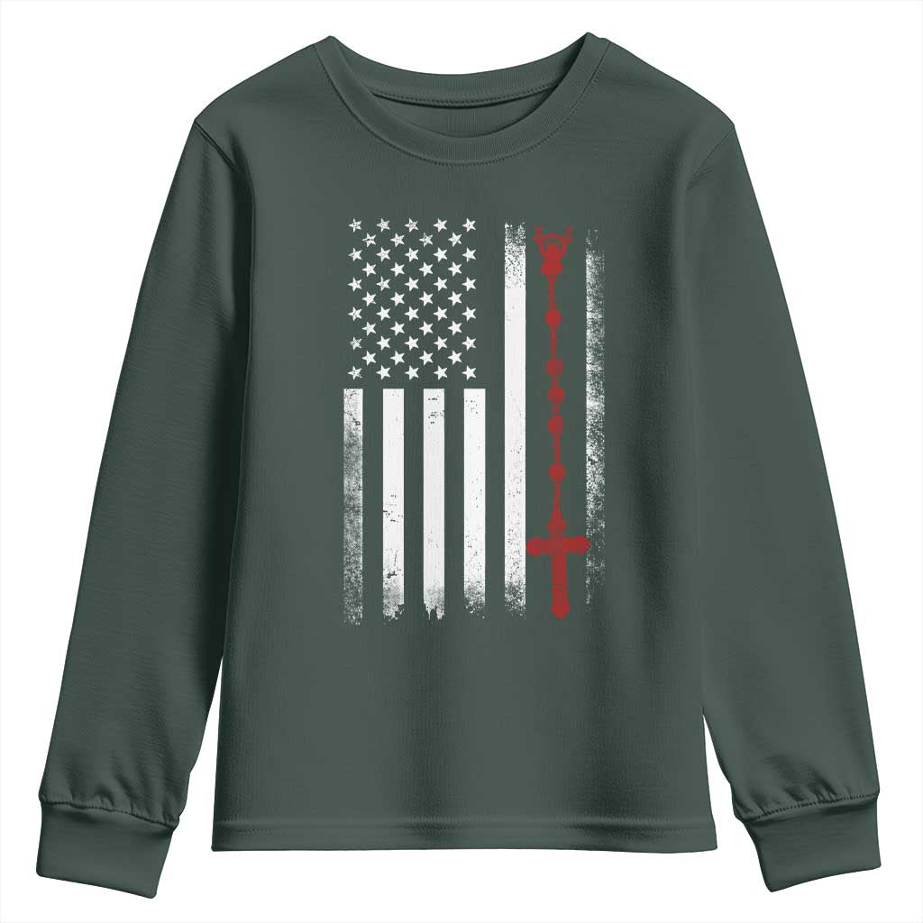 American Flag Rosary Catholic Cross Youth Sweatshirt TS10 Dark Forest Green Print Your Wear