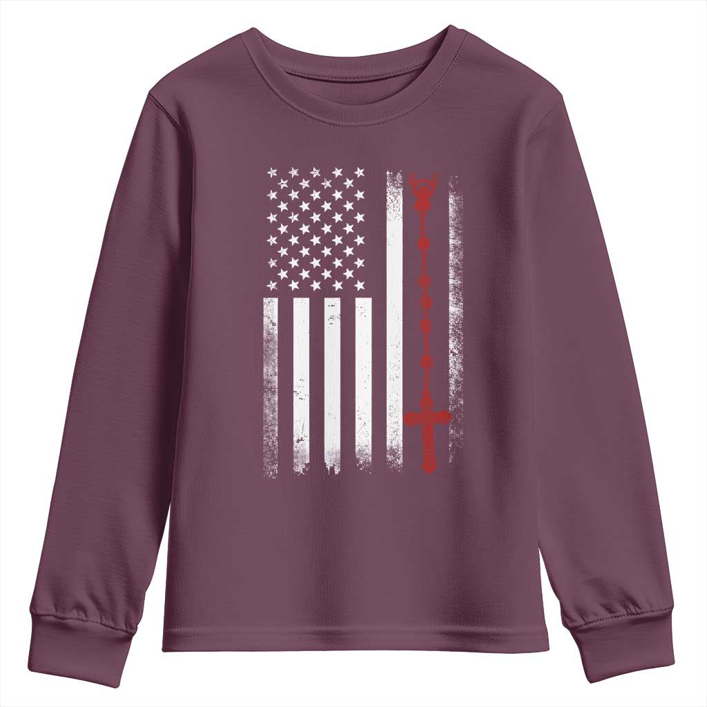 American Flag Rosary Catholic Cross Youth Sweatshirt TS10 Maroon Print Your Wear