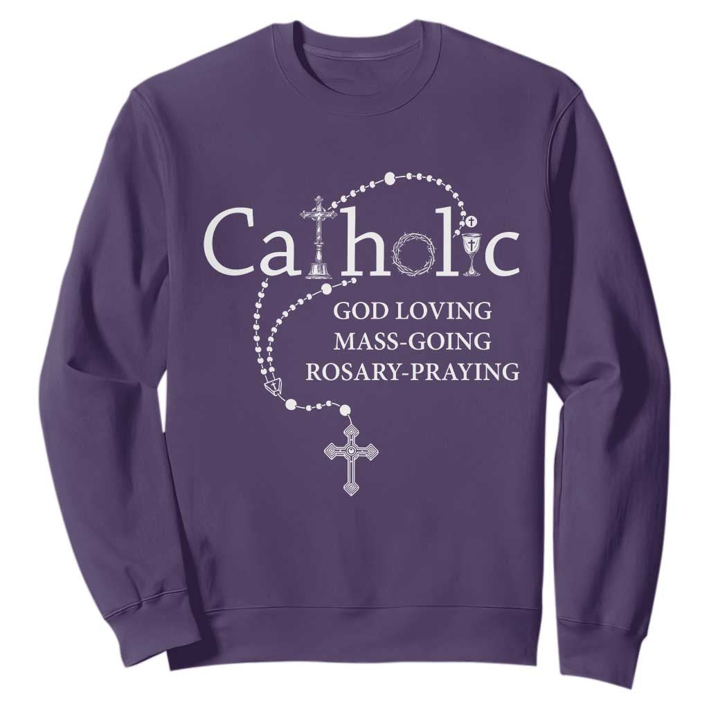 Catholic God Loving Mass Going Rosary Praying Faith Sweatshirt Jesus Eucharist Christianity TS10 Purple Print Your Wear