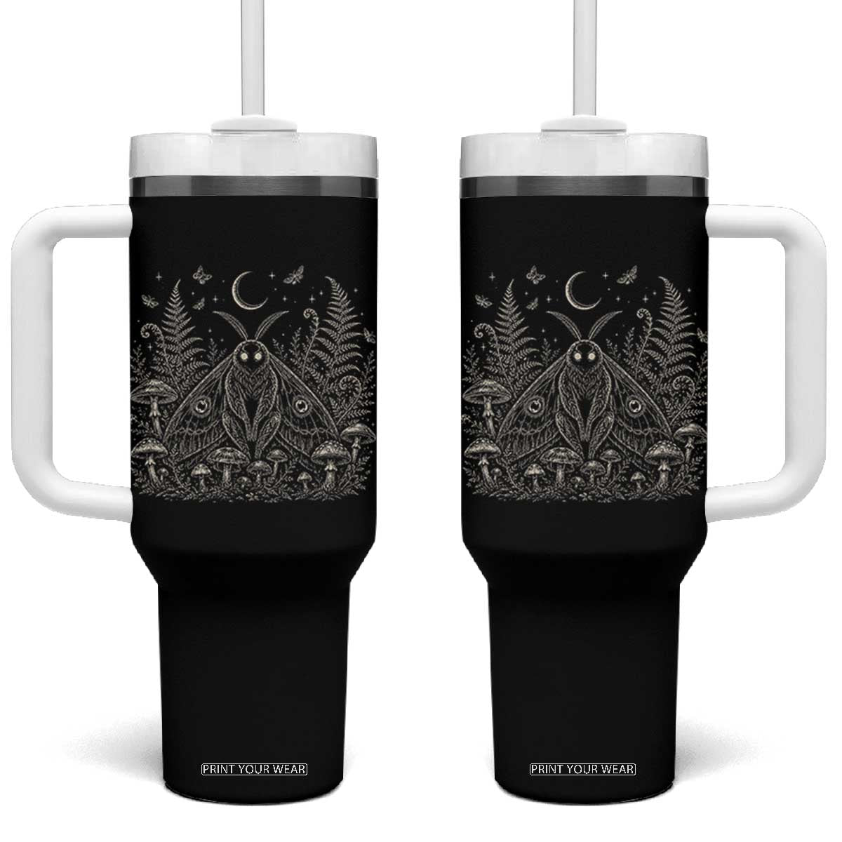 Mothman Tumbler With Handle Vintage Cryptid Graphic Gothic Forest Moth Mushroom Folklore Gift TS10 One Size: 40 oz Black Print Your Wear