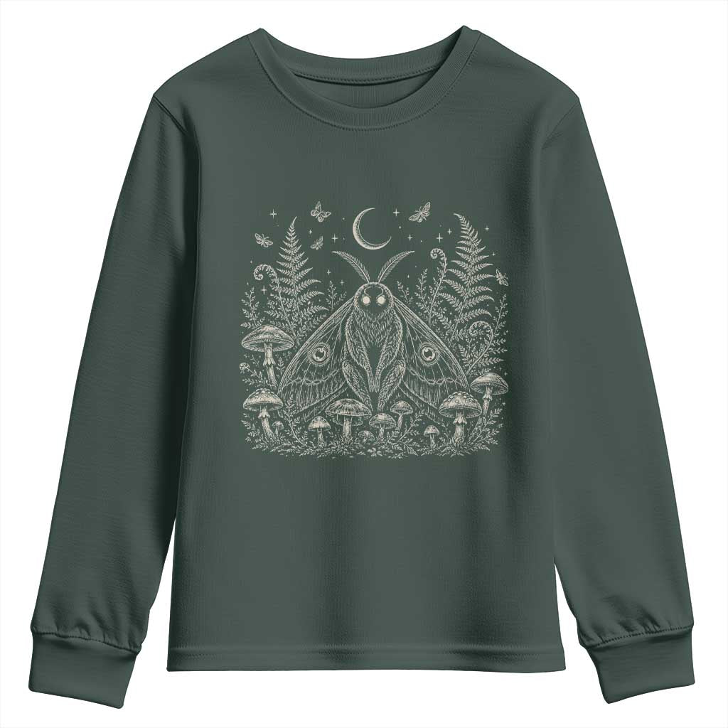 Mothman Youth Sweatshirt Vintage Cryptid Graphic Gothic Forest Moth Mushroom Folklore Gift TS10 Dark Forest Green Print Your Wear