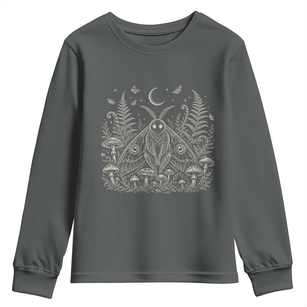 Mothman Youth Sweatshirt Vintage Cryptid Graphic Gothic Forest Moth Mushroom Folklore Gift TS10 Dark Heather Print Your Wear