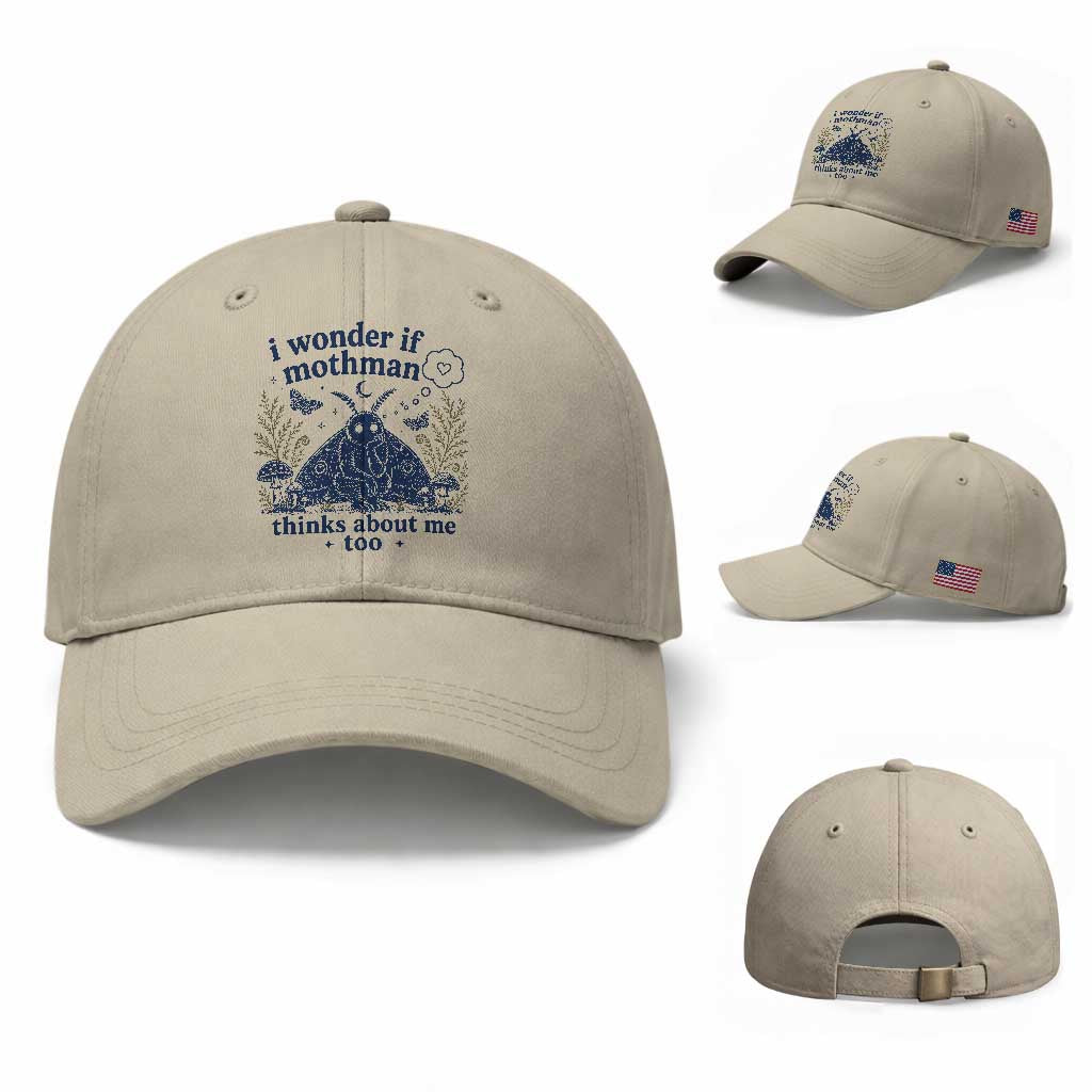 Funny Mothman Baseball Cap I Wonder If Mothman Thinks About Me Too Cryptid Weirdcore TS10 Baseball Cap Universal Fit Beige Print Your Wear