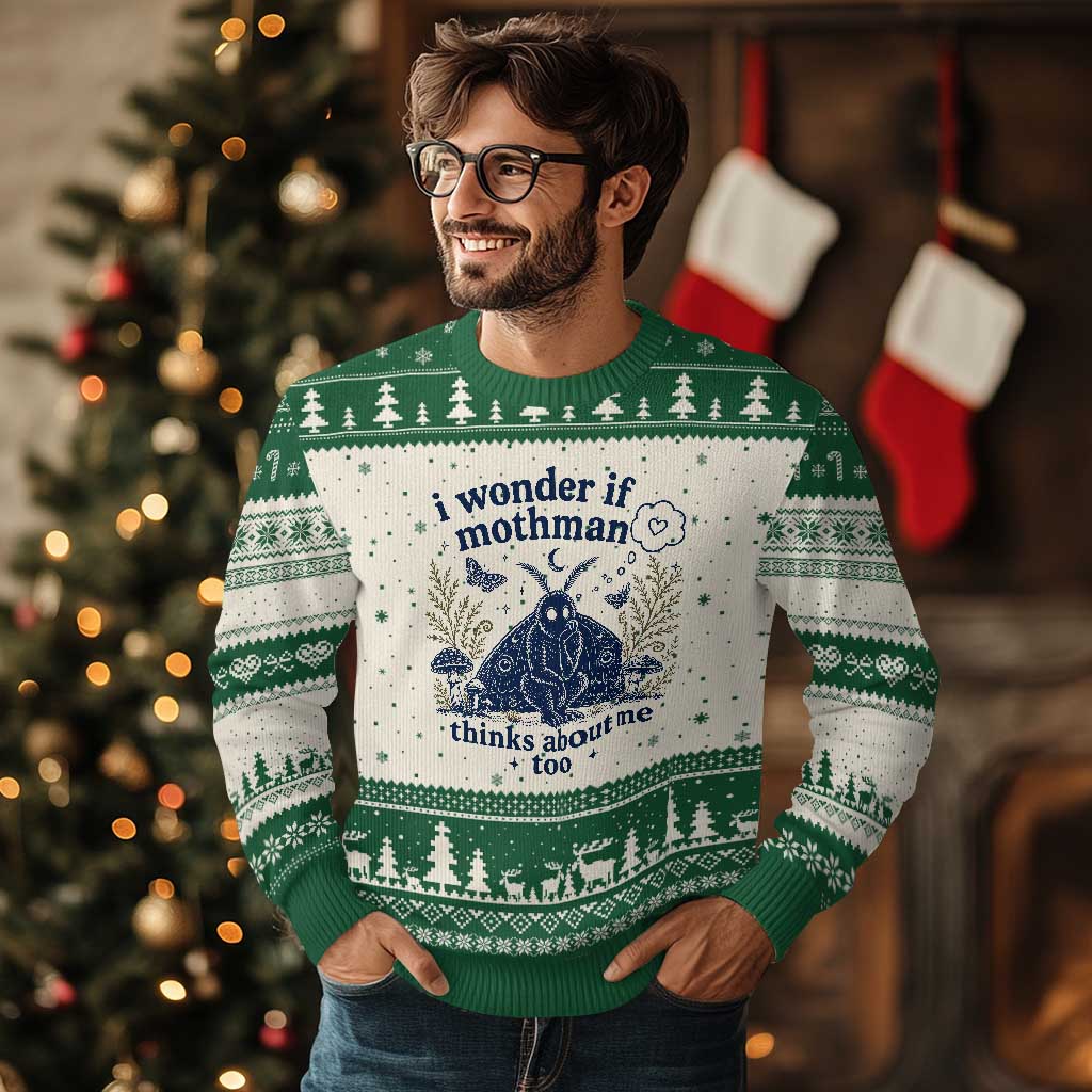 Funny Mothman Ugly Christmas Sweater I Wonder If Mothman Thinks About Me Too Cryptid Weirdcore TS10 Beige Green Print Your Wear