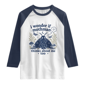 Funny Mothman Raglan Shirt I Wonder If Mothman Thinks About Me Too Cryptid Weirdcore TS10 White Navy Print Your Wear