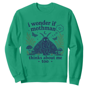Funny Mothman Sweatshirt I Wonder If Mothman Thinks About Me Too Cryptid Weirdcore TS10 Irish Green Print Your Wear