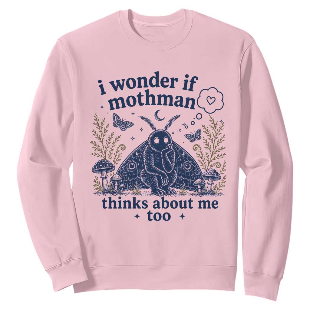 Funny Mothman Sweatshirt I Wonder If Mothman Thinks About Me Too Cryptid Weirdcore TS10 Light Pink Print Your Wear