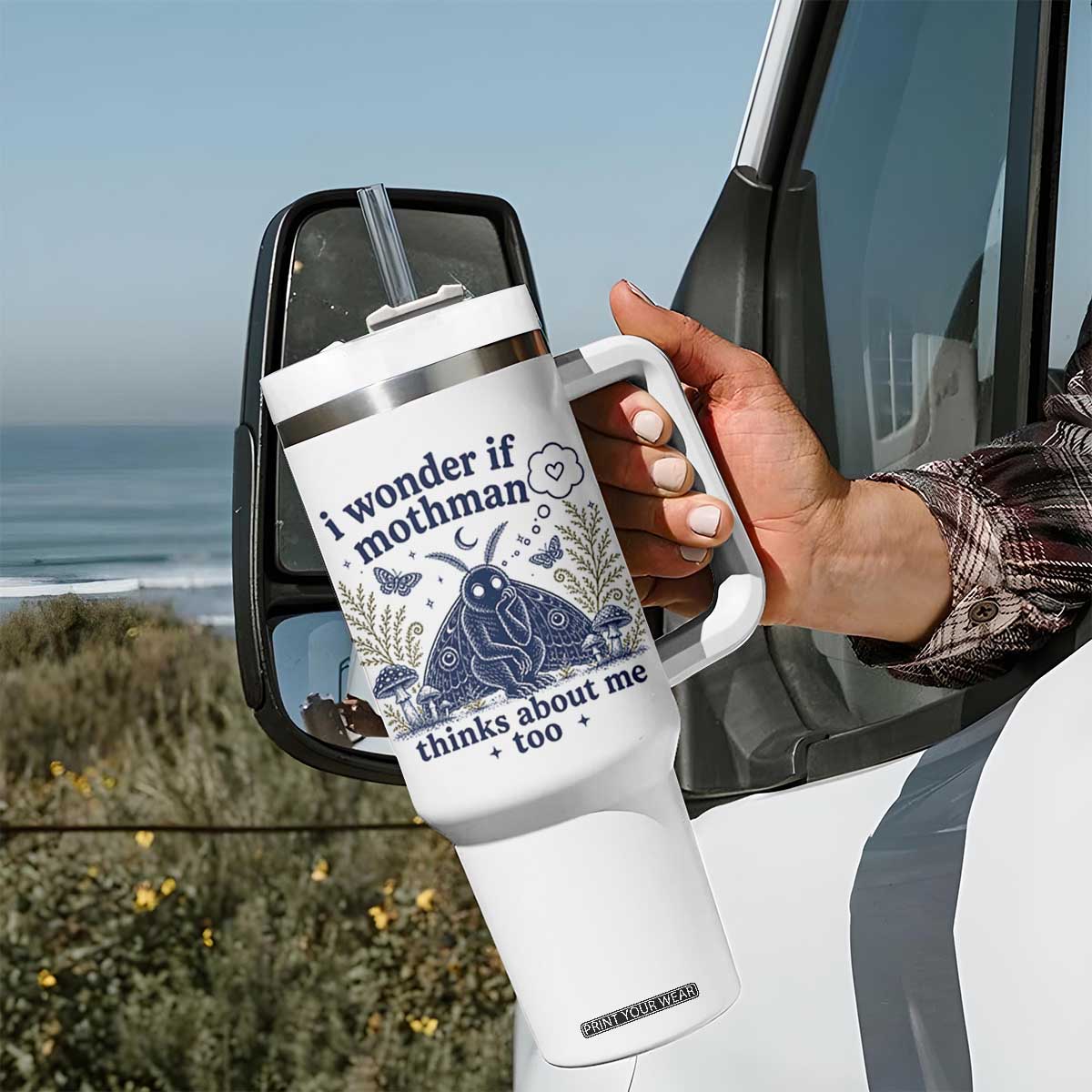 Funny Mothman Tumbler With Handle I Wonder If Mothman Thinks About Me Too Cryptid Weirdcore TS10 Print Your Wear