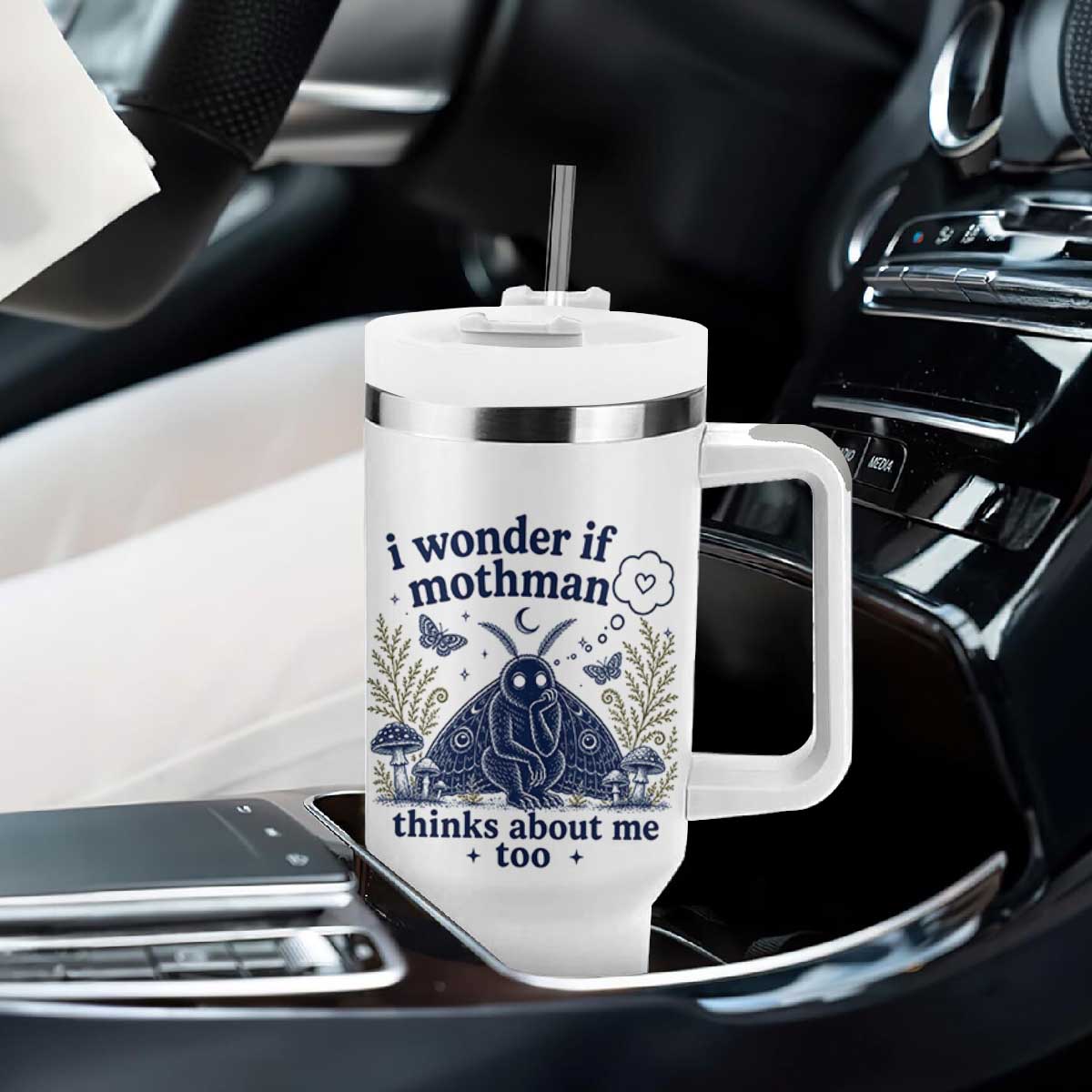 Funny Mothman Tumbler With Handle I Wonder If Mothman Thinks About Me Too Cryptid Weirdcore TS10 Print Your Wear
