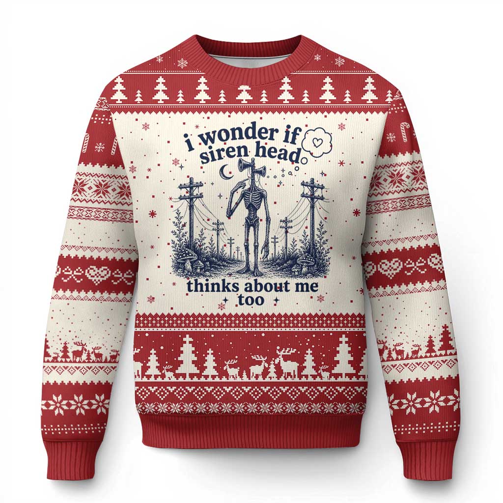 Funny Siren Head Ugly Christmas Sweater I Wonder If Siren Head Thinks About Me Too Weirdcore Cryptid Lovers TS10 Beige Red Print Your Wear