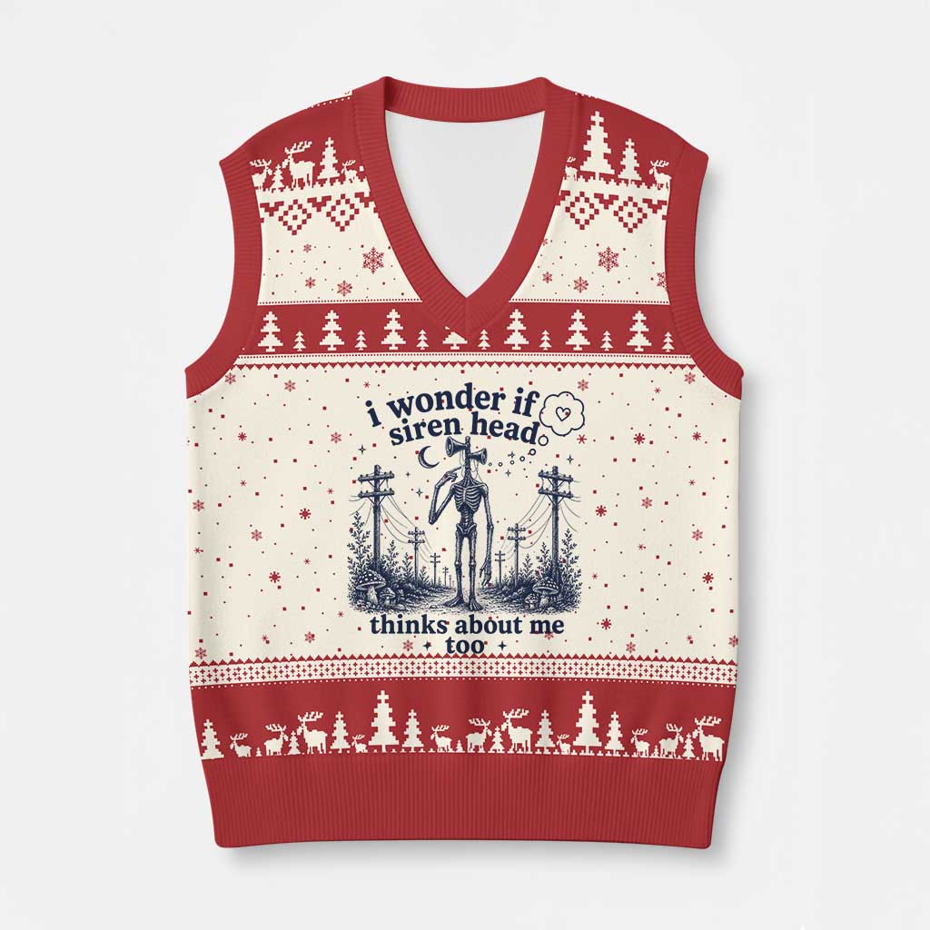 Funny Siren Head V-Neck Knit Sweater Vest I Wonder If Siren Head Thinks About Me Too Weirdcore Cryptid Lovers TS10 Beige Red Print Your Wear