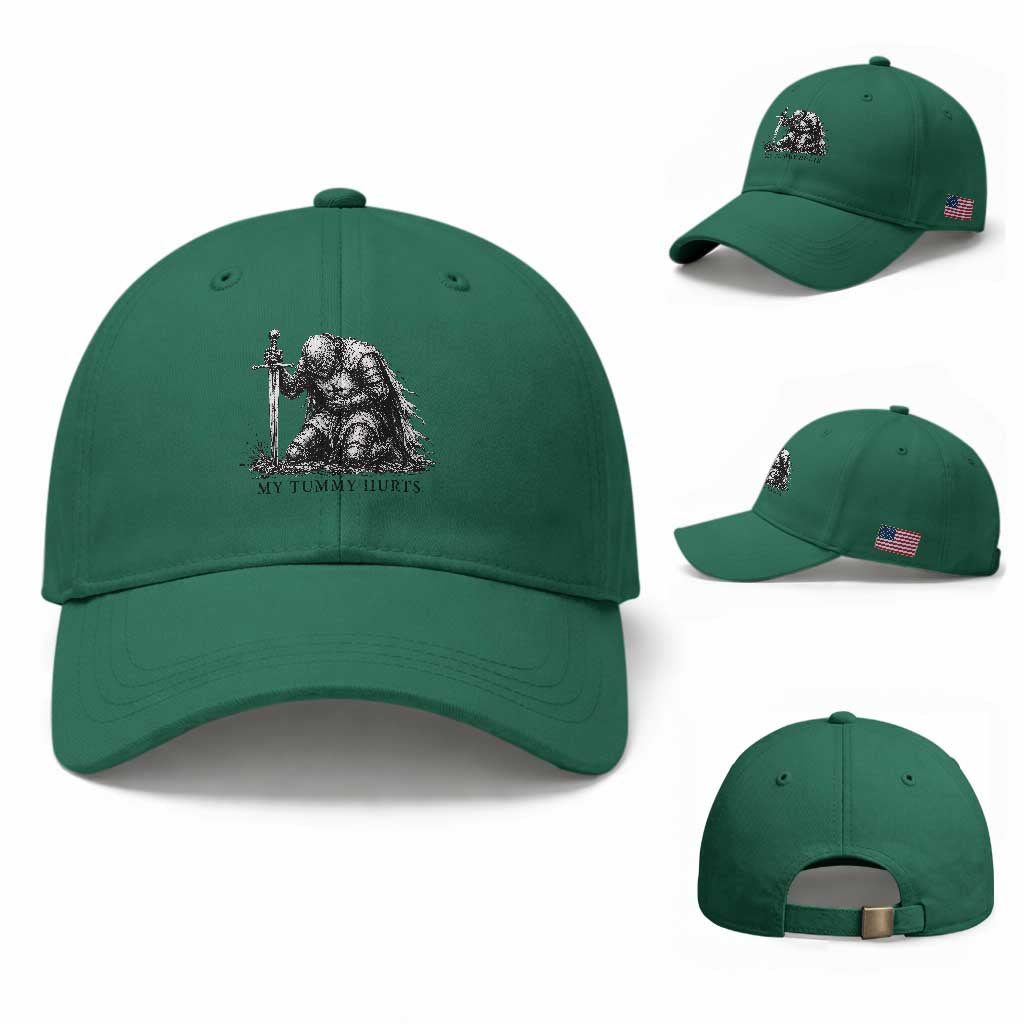 Tummy Hurts Funny Medieval Knight Baseball Cap Dark Fantasy Meme TS10 Baseball Cap Universal Fit Irish Green Print Your Wear