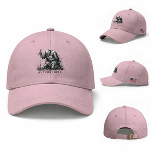 Tummy Hurts Funny Medieval Knight Baseball Cap Dark Fantasy Meme TS10 Baseball Cap Universal Fit Light Pink Print Your Wear