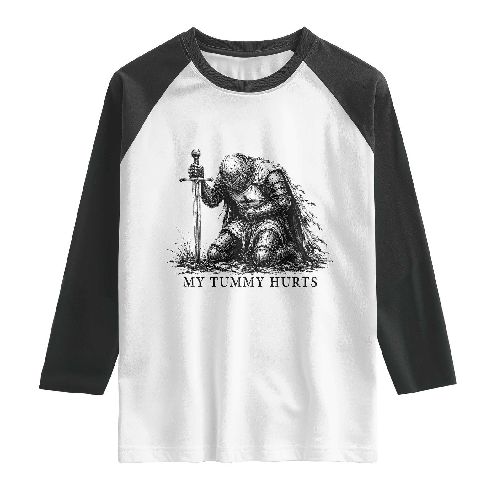 Tummy Hurts Funny Medieval Knight Raglan Shirt Dark Fantasy Meme TS10 White Black Print Your Wear