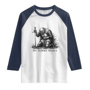 Tummy Hurts Funny Medieval Knight Raglan Shirt Dark Fantasy Meme TS10 White Navy Print Your Wear