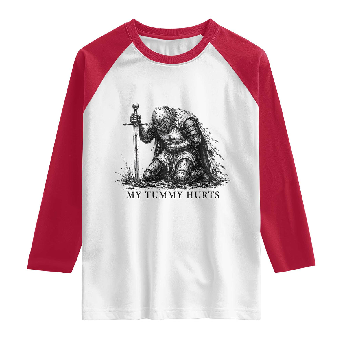 Tummy Hurts Funny Medieval Knight Raglan Shirt Dark Fantasy Meme TS10 White Red Print Your Wear