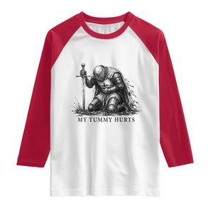 Tummy Hurts Funny Medieval Knight Raglan Shirt Dark Fantasy Meme TS10 White Red Print Your Wear