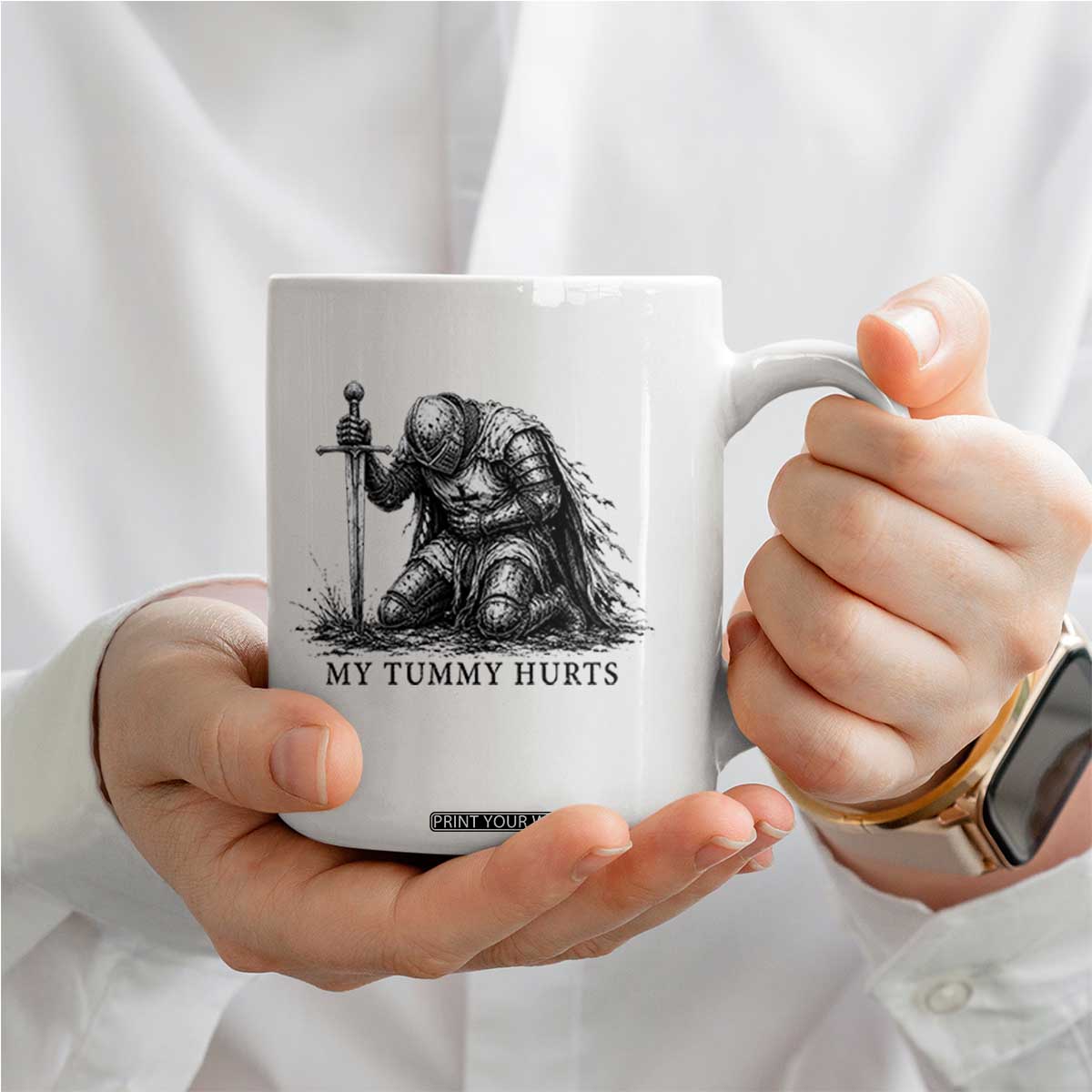 Tummy Hurts Funny Medieval Knight Coffee Mug Dark Fantasy Meme TS10 Print Your Wear