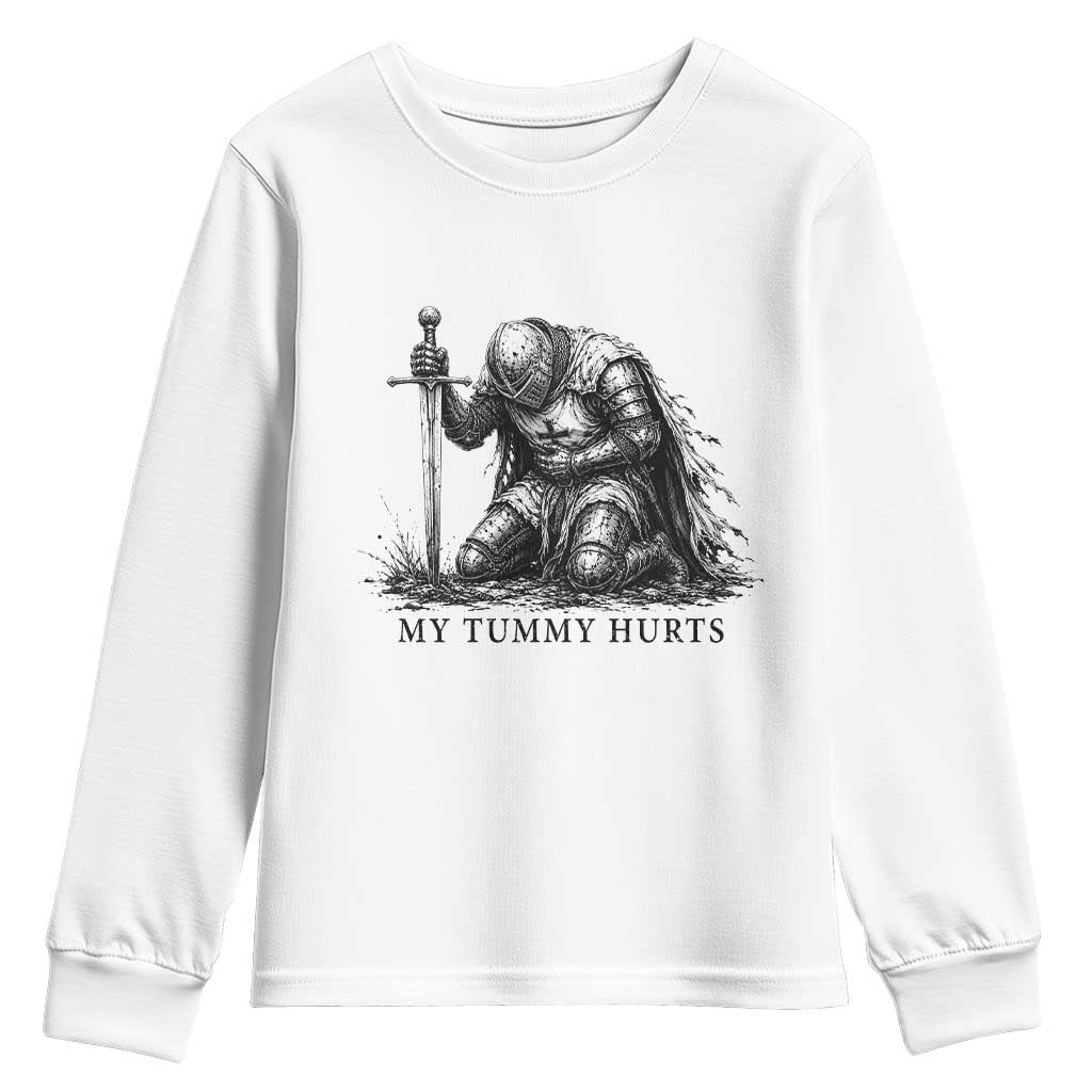Tummy Hurts Funny Medieval Knight Youth Sweatshirt Dark Fantasy Meme TS10 White Print Your Wear